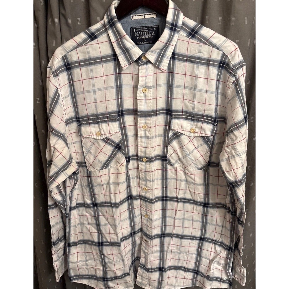 Nautica Mens Plaid Button Down Shirt Large White Navy Blue Red Cotton L/S